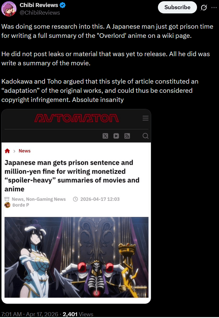 【オーバーロード】ウィキ記事を書いた男性が実刑判決に、海外の反応